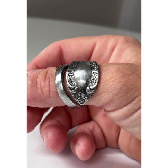 Handmade Floral Spoon Ring - Size 8.5 Silverware Wrap Band Silver - Picture 2 of 8